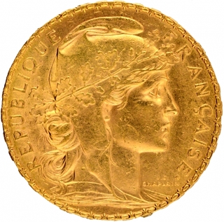 Gold Twenty Francs Coin of Troisieme Republiqua of France of 1907.