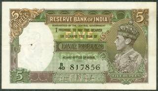 Five Rupees Note of King George VI Signed by J B Taylor of 1938.