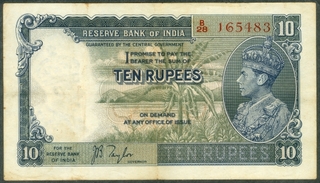 Ten Rupees Note of King George VI of 1938 Signed by J B Taylor.