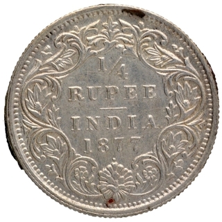 Silver Quarter Rupee Coin of Victoria Empress of Bombay Mint of 1877.