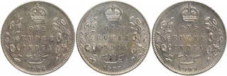 Silver One Rupee Coins of King Edward VII of Bombay Mint of 1906,1907 and 1909.