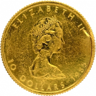 Gold Ten Dollars Coin of Elizabeth II of Canada of 1985.