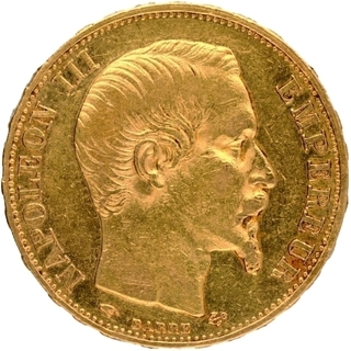 Gold Twenty Francs Coin of Nepoleon III of France of 1856.