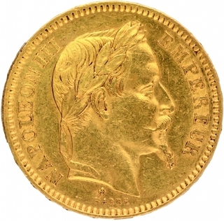 Gold Twenty Francs Coin of Nepoleon III of France of 1862