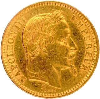 Gold Twenty Francs Coin of Napoleon III of France of 1864.