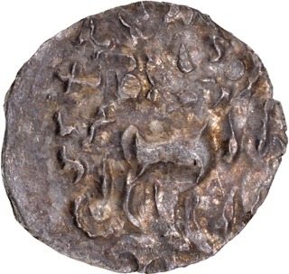 Silver Drachma Coin of Amoghbuti of Kuninda Dynasty with ten dotted sun behind the deer.