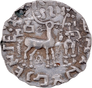 Amoghbuti Silver Drachma Coin of Kuninda Dynasty with three arched hill below the deer.