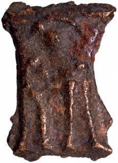 Damru shaped Cast Copper Coin of Kaushambi Region.