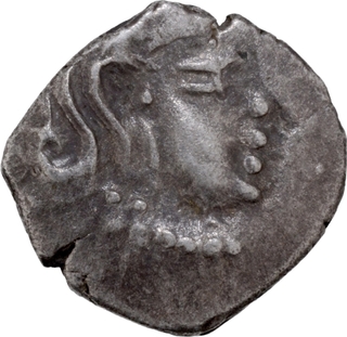 Skandagupta Silver Drachma Coin of Guptas of portrait type with Bull seated on the reverse.