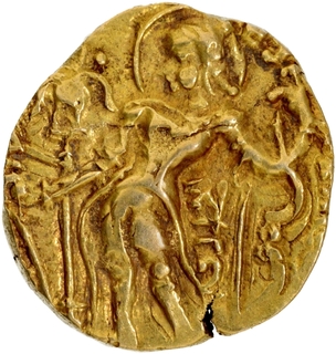 Gold Heavy Dinar Coin of Skandagupta of Archer type with Sankhanidhi symbol.