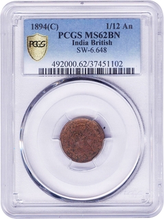 PCGS MS 62 BN Graded Copper One Twelfth Anna Coin of Victoria Empress of Calcutta Mint of 1894.