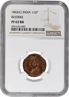 Extremely Rare PF 63 RB NGC Graded Proof Copper Half Pice Coin of Victoria Queen of Calcutta Mint of 1862.