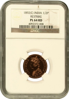 Extremely Rare PL 64 RD NGC Graded Proof Copper 1/2 Pice Coin of Victoria Empress of Calcutta Mint of 1892.