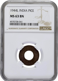 NGC MS 63 BN Graded Bronze One Pice Coin of King George VI of Lahore Mint of 1944.