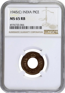 NGC MS 65 RB Graded Bronze One Pice Coin of King George VI of Calcutta Mint of 1945.