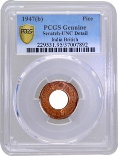 PCGS Genuine Graded Bronze One Pice Coin of King George VI of Bombay Mint of 1947.