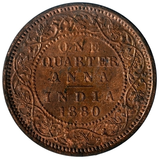 Uncirculated Copper One Quarter Anna Coin of Victoria Empress of Calcutta Mint of 1880.