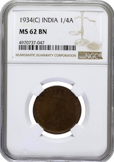 NGC MS 62 BN Graded Bronze One Quarter Anna Coin of King George V of Calcutta Mint of 1934.