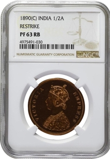 Extremely Rare NGC PF 63 RB Graded Superb Proof Copper Half Anna Coin of Victoria Empress of Bombay Mint of 1890.