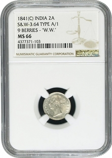 Very Rare NGC MS 66 Graded Silver Two Annas Coin of Victoria Queen of Calcutta Mint of 1841 with Original Gleaming Iridescent toning.