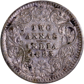 Re-engraved I Silver Two Annas Coin of Victoria Empress of Calcutta Mint of 1883 with Ghost Impression.