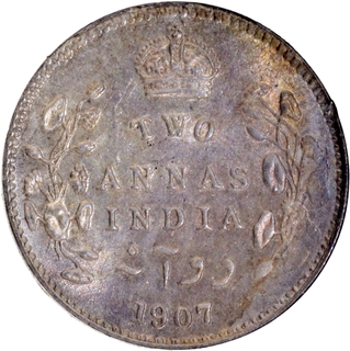 AUNC Silver Two Annas Coin of King Edward VII of Calcutta Mint of 1907 with Ghost Impression.