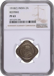 Extremely Rare NGC PF 63 NGC Graded Proof Cupro Nickel Two Annas Coin of King George V of Calcutta Mint of 1918.