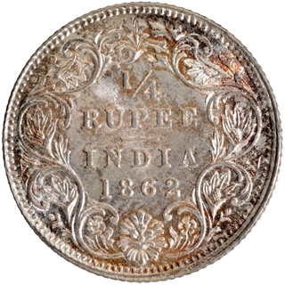 Brilliant UNC Silver Quarter Rupee Coin of Victoria Queen of Calcutta Mint of 1862 with Original Gleam and Toning.