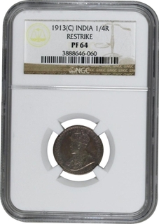 Extremely Rare NGC PF 64 Graded Proof Silver Quarter Rupee Coin of King George V of Calcutta Mint of 1913.