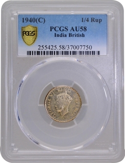 PCGS AU 58 Graded Silver Quarter Rupee Coin of King George VI of Calcutta Mint of 1940.