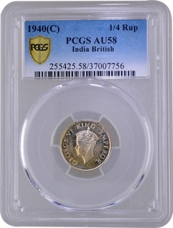 PCGS AU 58 Graded Silver Quarter Rupee Coin of King George VI of Calcutta Mint of 1940.