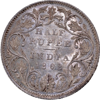 Uncirculated Silver Half Rupee Coin of Victoria Queen of Bombay Mint of 1862.