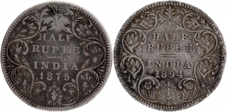 Silver Half Rupee Coins of Victoria Queen and Empress of Bombay Mint of 1875 and 1894.