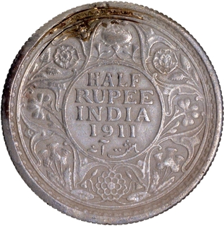 Extremely Rare Silver Half Rupee Coin of King George V of Calcutta Mint of 1911.