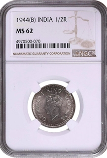 NGC MS 62 Graded Silver Half Rupee Coin of King George VI of Bombay Mint of 1944.