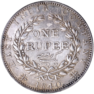 V raised Silver One Rupee Coin of Victoria Queen of Madras Mint of 1840.