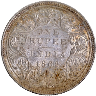 Silver One Rupee Coin of  Victoria Queen of Bombay Mint of 1862 with Toning and Ghost Impression.