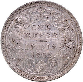 Silver One Rupee Coin of Victoria Queen of Bombay Mint of 1862.