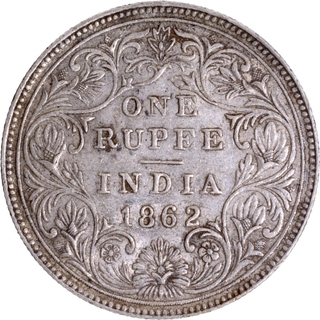 Five Panels Silver One Rupee Coin of Victoria Queen of Bombay Mint of 1862 .