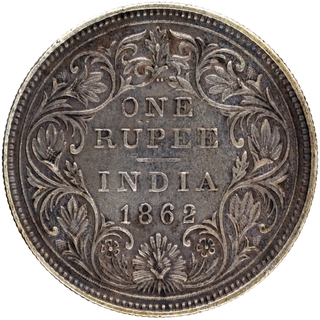 Silver One Rupee Coin of Victoria Queen of Bombay Mint of 1862.