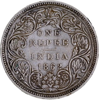 Re-used die of Silver One Rupee Coin of Victoria Queen of Bombay Mint of 1862 without initial J.