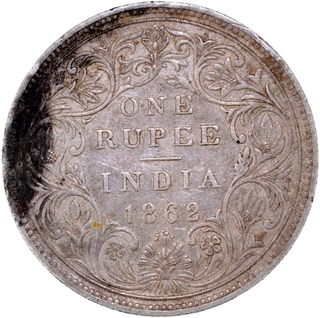 1870 (Actual Minting Year) Silver One Rupee Coin of Victoria Queen of Bombay Mint of 1862 without initial J.