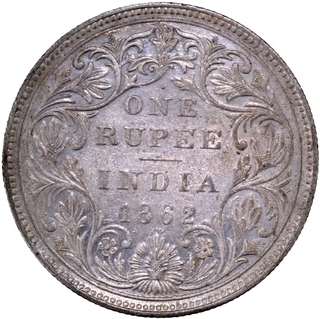 Rare 1870 (Actual Minting Year) Silver One Rupee Coin of Victoria Queen of Bombay Mint of 1862 without initial J.