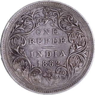 Extremely Rare 1870 (Actual Minting Year) Silver One Rupee Coin of Victoria Queen of Bombay Mint of 1862 without initial J.