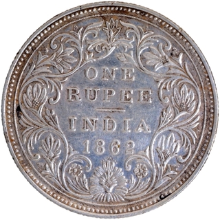 1872 (Actual Minting Year) Silver One Rupee Coin of Victoria Queen of Bombay Mint of 1862 without initial J.