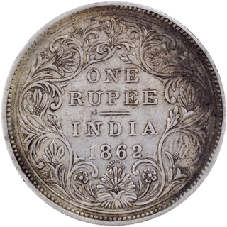 Re-used die of Silver One Rupee Coin of Victoria Queen of Bombay Mint of 1862 with initial J.