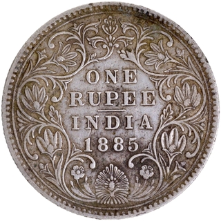 B raised Silver One Rupee Coin of Victoria Empress of Bombay Mint of 1885 with Ghost Impression.