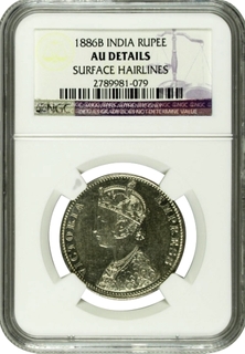 NGC Graded Silver One Rupee Coin of Victoria Empress of Bombay Mint of 1886.