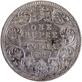 B incused inverted Silver One Rupee Coin of Victoria Empress of Bombay Mint of 1887.