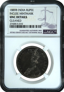 NGC Graded Silver One Rupee Coin of Victoria Empress of Bombay Mint of 1889.